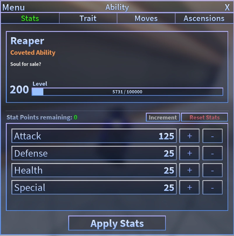 Ability levelling menu in Roblox A Universal Time (AUT)