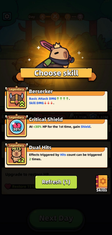 Skill Selection screen in Capybara GO