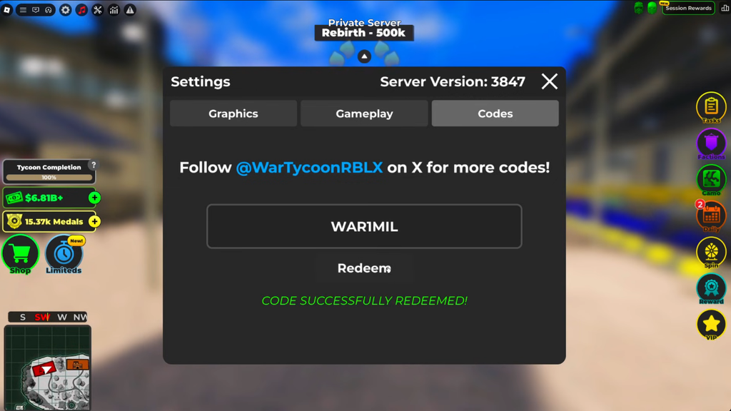 War Tycoon code redeem
